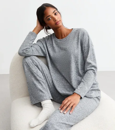 New Look Women's Dark Grey Melange Wide Leg Pyjama Trousers