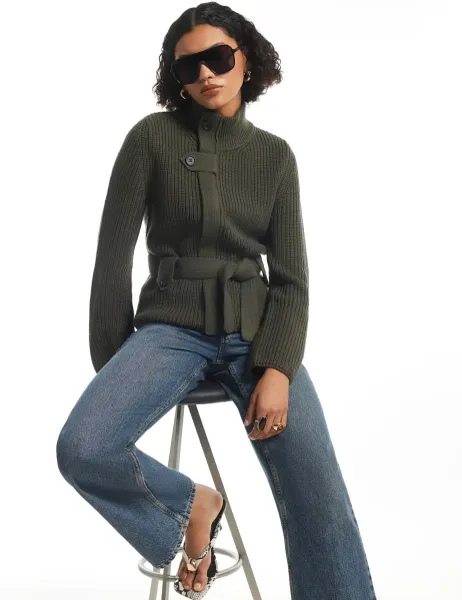 River Island Tie Rib Funnel Neck Cardigan Green