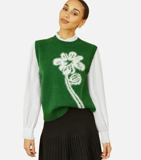 Women's Green Contrast Floral Sleeveless Jumper