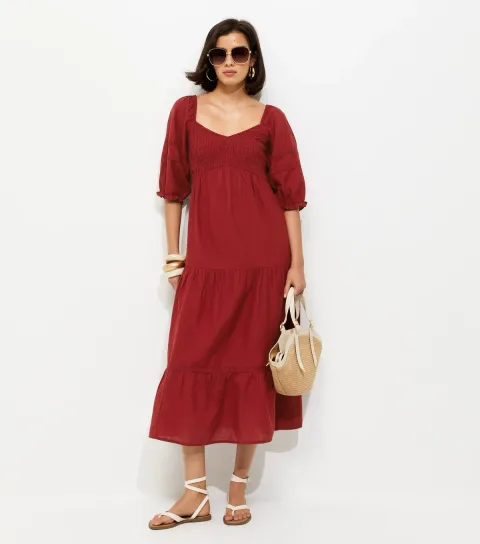 Women's Red Shirred Milkmaid Midi Dress
