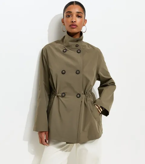 Women's Light Khaki Cinched Waist Funnel Neck Jacket