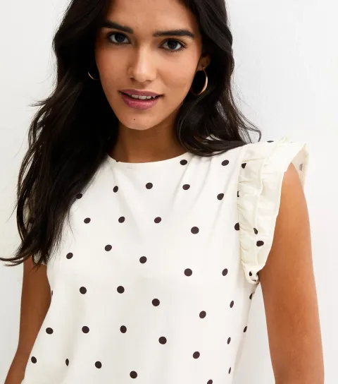 Women's Cream Polka Dot Frill Trim Top