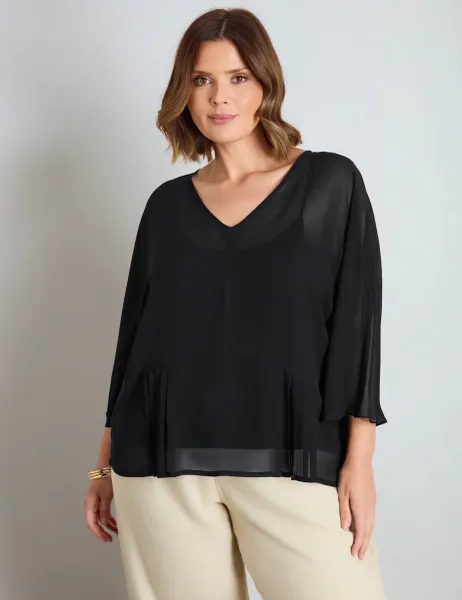 Live Unlimited London V-Neck Pleat Detail Peplum Blouse Black