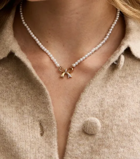 Gold Tone Faux Pearl Diamante Bow Necklace