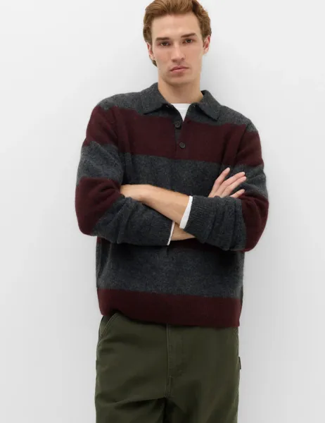 Marks & Spencer Striped Collared Neck Rugby Jumper with Wool Burgundy Mix