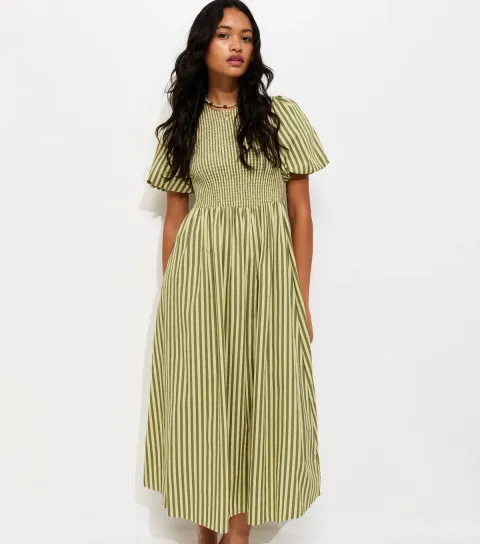 New Look Women's Green Cotton Striped Shirred Midi Dress