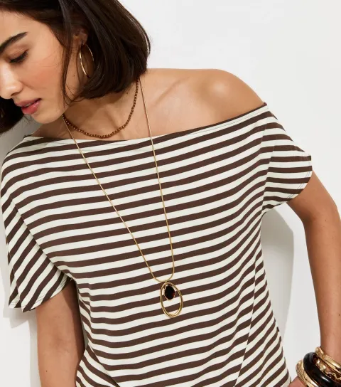 Women's Brown Striped Jersey Off The Shoulder Top