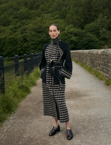 Jaeger Pure Wool Checked Double Breasted Longline Coat Black Mix