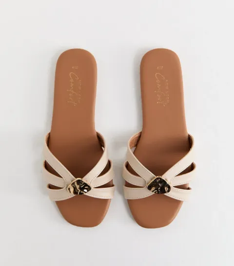 Women's Off White Faux Leather Hammered Hardware Flat Mule Sandals Vegan
