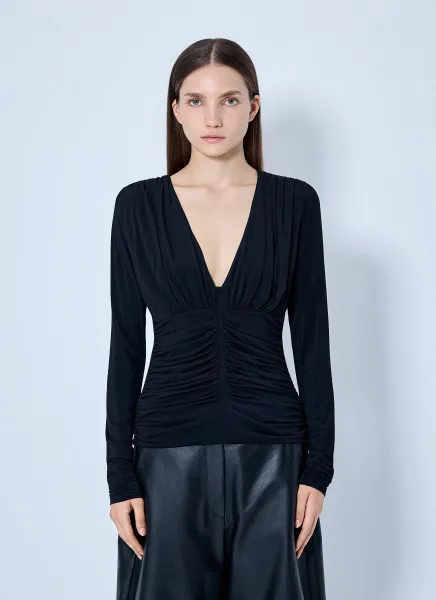 Sportmax Ruched V-Neck Long Sleeve Top