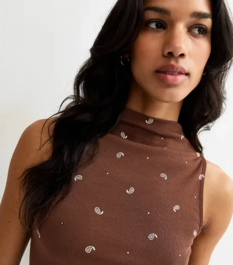 Women's Brown Paisley High Neck Sleeveless Top