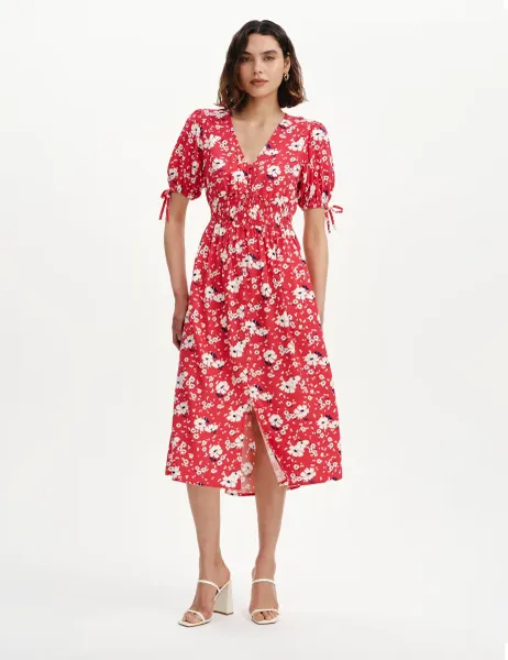 Finery London Floral Shirred Button Through Midi Dress Red Mix