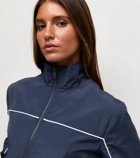 Women's Navy Piped Trim Funnel Neck Windbreaker Jacket