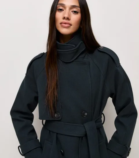 Women's Navy Belted Double Breasted Funnel Neck Coat