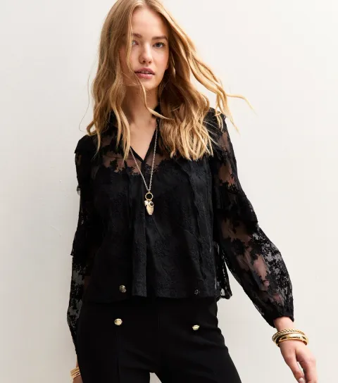 Women's Black Floral Lace High Neck Semi-Sheer Blouse