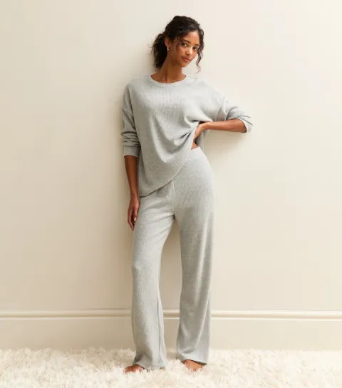 Women's Grey Marl Brushed Ribbed Wide Leg Trousers