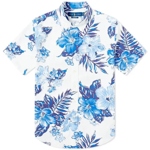 Short Sleeve Button Down Hibiscus Oxford Shirt