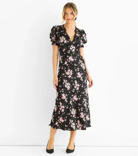 Women's Black Floral Midi Dress