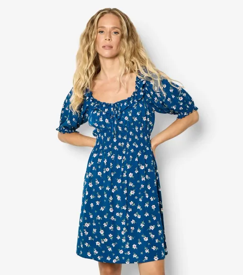 Women's Blue Floral Print Frilly Trim Mini Dress