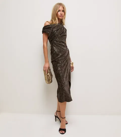 New Look Women's Dark Brown Sequin Velvet Fallen Shoulder Midi Dress