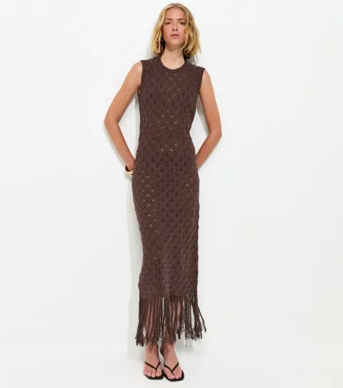 Women's Dark Brown Crochet Fringe Hem Maxi Dress
