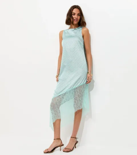 Women's Blue Satin Striped Asymmetric Lace Hem Midi Dress