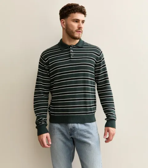 Men's Green Regular Striped Polo Jumper