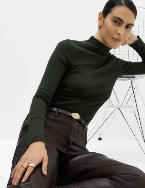 Marks & Spencer Cotton Rich Ribbed Funnel Neck Top Dark Khaki