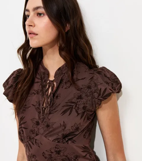 Women's Dark Brown Floral Flocked Keyhole Tie Neckline Mini Dress