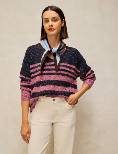 White Stuff Textured Striped V-Neck Jumper with Wool Navy Mix