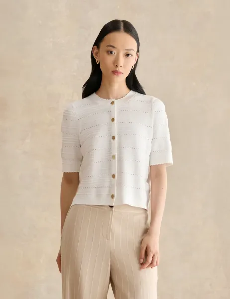 Hobbs Patterned Pointelle Short Sleeve Cardigan Cream