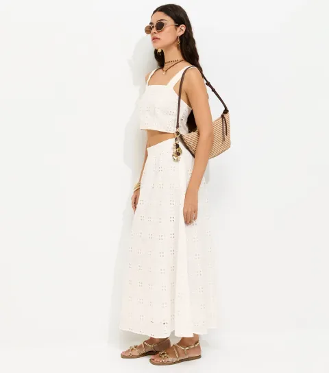 Women's White Embroidered Cut Out Maxi Skirt