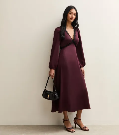 Women's Dark Purple Satin Lace Trim Midi Dress