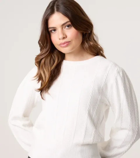 Women's White Textured Puff Sleeve Jumper
