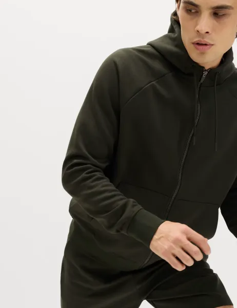 Goodmove Performance Jersey Zip through Hooded Jacket Dark Khaki