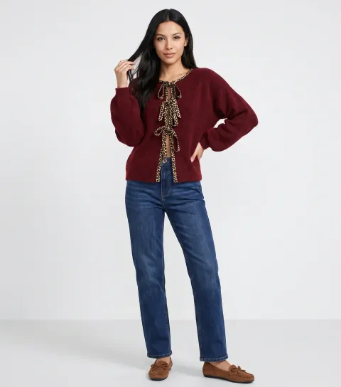 Gini London Women's Dark Burgundy Knit Contrast Trim Cardigan