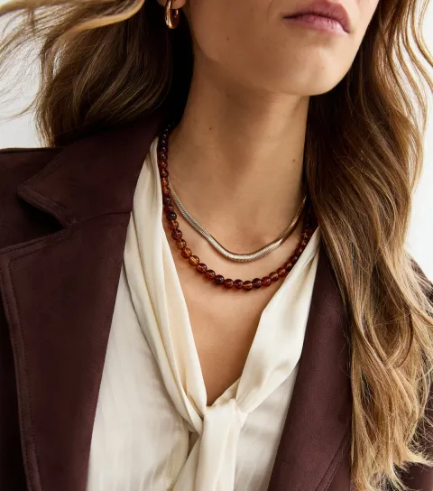 Gold Tone 2 Layer Snake Chain and Beaded Necklace