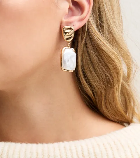 New Look Gold Tone Faux Pearl Square Drop Earrings