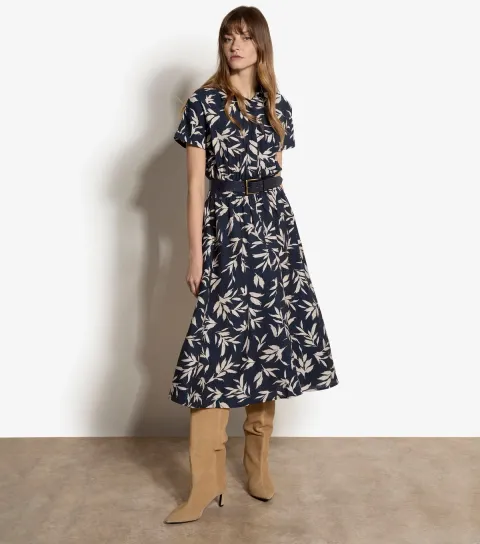 Women's Navy Textured Leaf Print Midi Dress