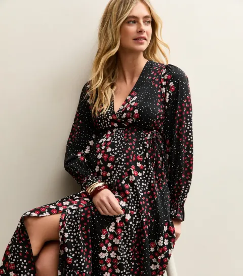 Women's Maternity Black Floral Crepe Wrap Midi Dress