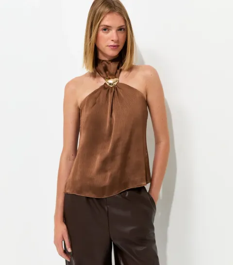 New Look Women's Dark Brown Textured Golden Hardware Trim Halter Neck Top