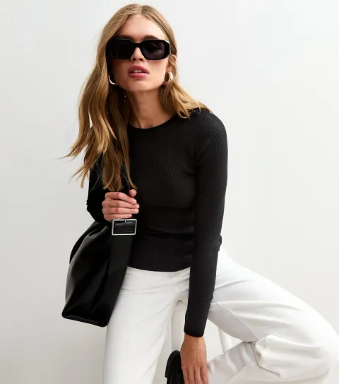 Women's Black Ribbed Crew Neck Jumper