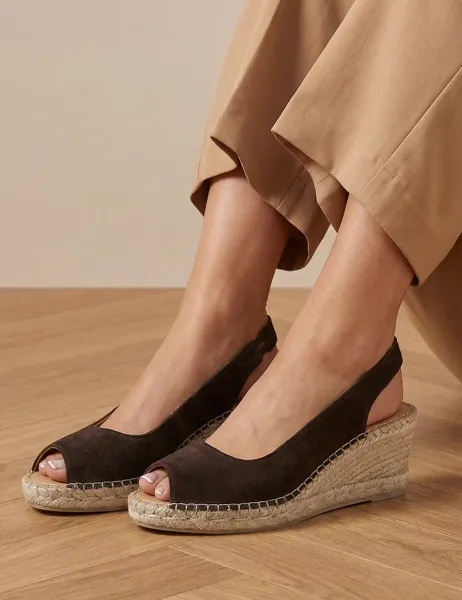 Jones Bootmaker Standard Fit Suede Wedge Open Toe Espadrilles Chocolate