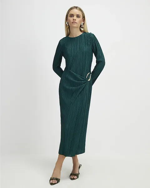 River Island Petite Plisse Buckle Detail Midi Dress