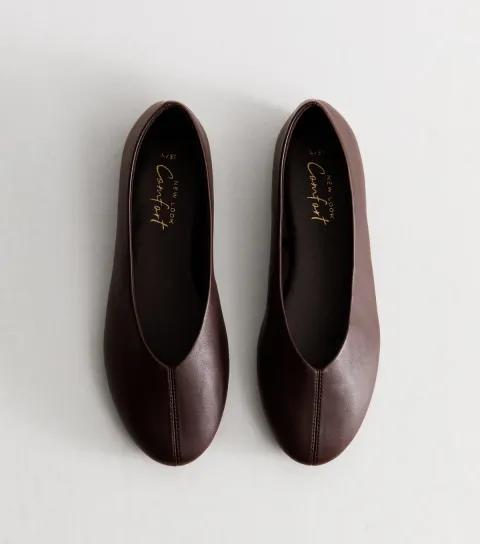 New Look Women's Dark Brown Faux Leather High Vamp Ballet Flats Vegan