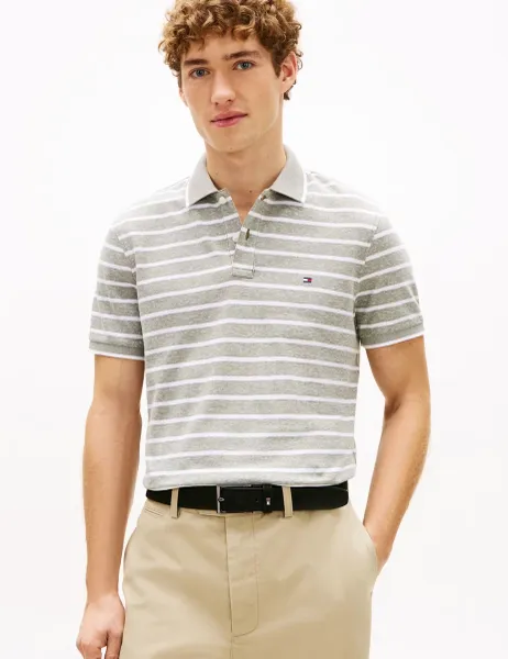 Tommy Hilfiger Cotton Rich Striped Polo Shirt with Linen Khaki Mix