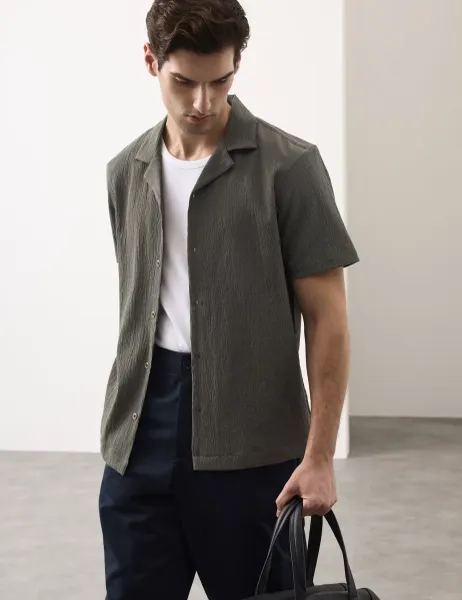 Autograph Regular Fit Crinkle Seersucker Shirt Dark Olive