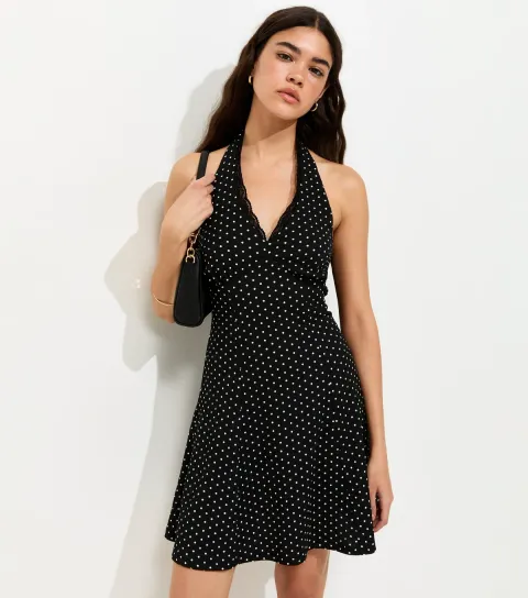 Women's Black Crinkle Texture Spot Print Halter V-Neck Lace Trim Mini Dress