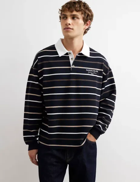 River Island Pure Cotton Striped Long Sleeve Rugby Shirt Navy Mix