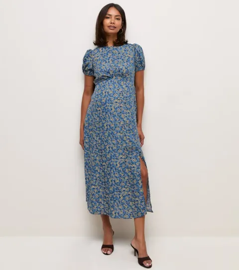 Women's Maternity Blue Ditsy Print Crew Neck Midi Dress